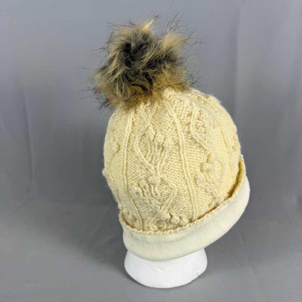 Sijjl Cream Cable Knit Beanie Faux Fur Pom Pom Fleece Lined Winter Hat Ivory - Picture 3 of 6